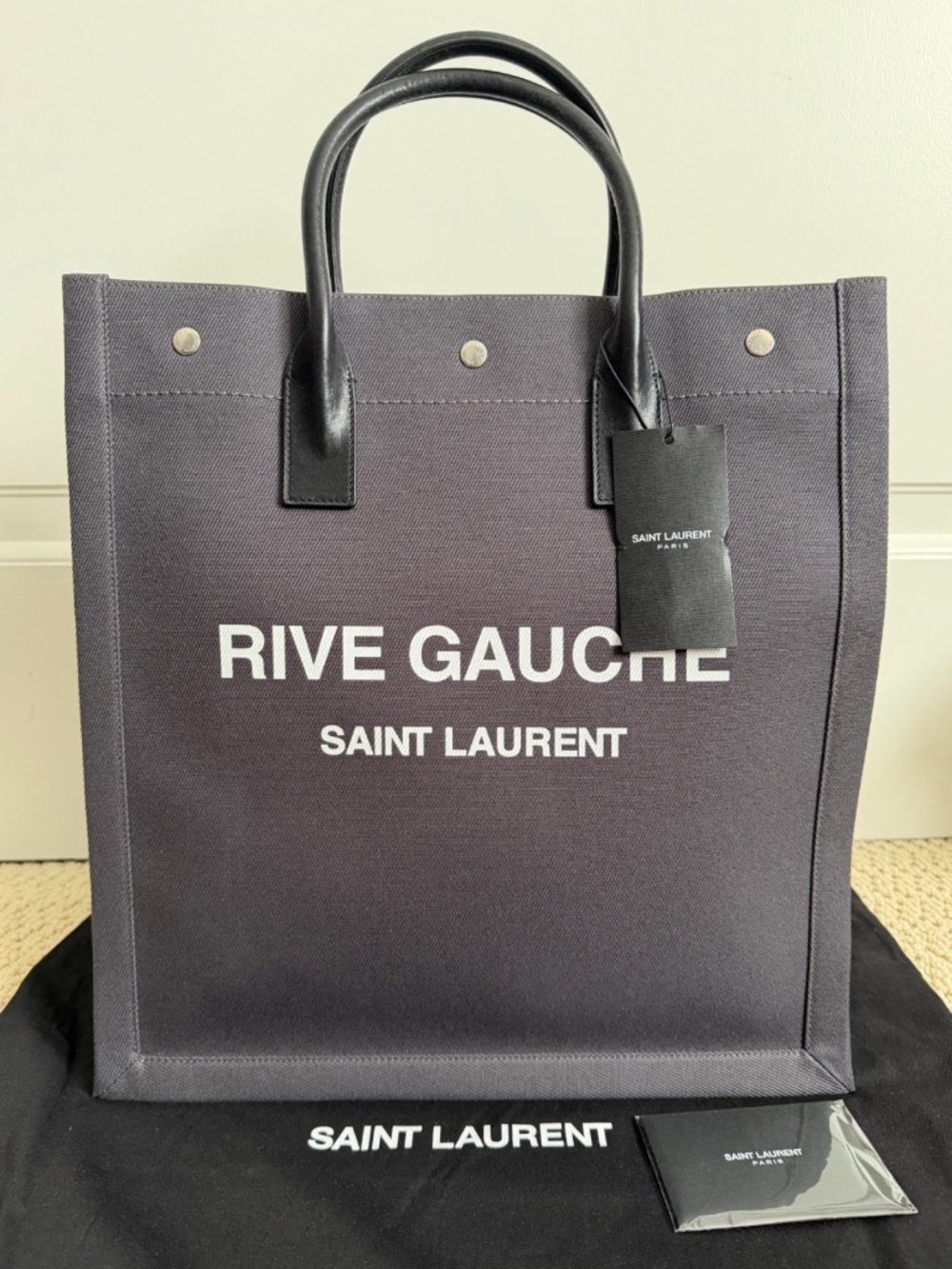 Saint Laurent YSL Rive Gauche Gray Canvas Logo Black Leather Tote Bag - Picture 2 of 16